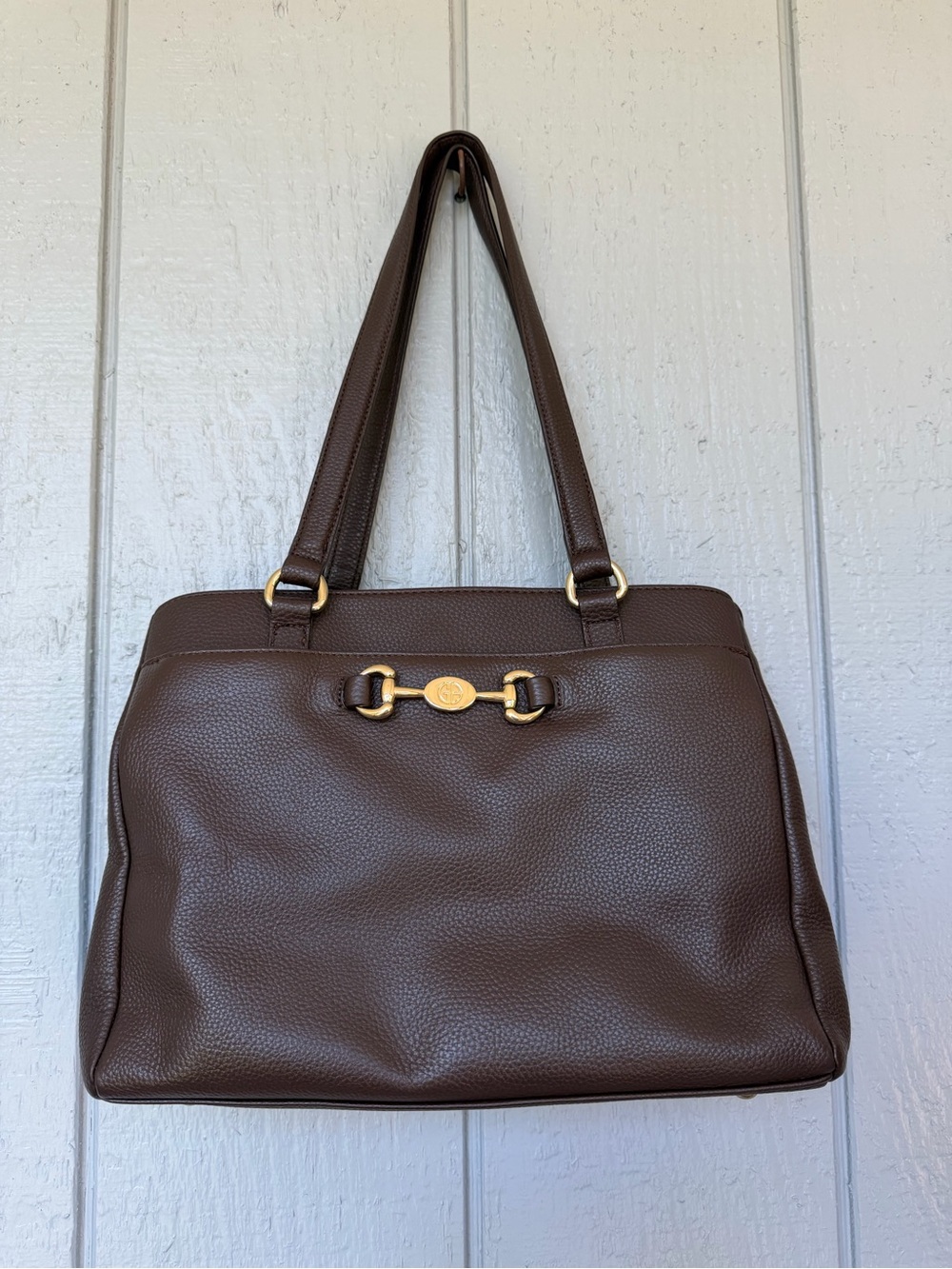Gianni Bernini chocolate Brown pebbled Leather Tote Bag w/ Gold Horsebit Detail